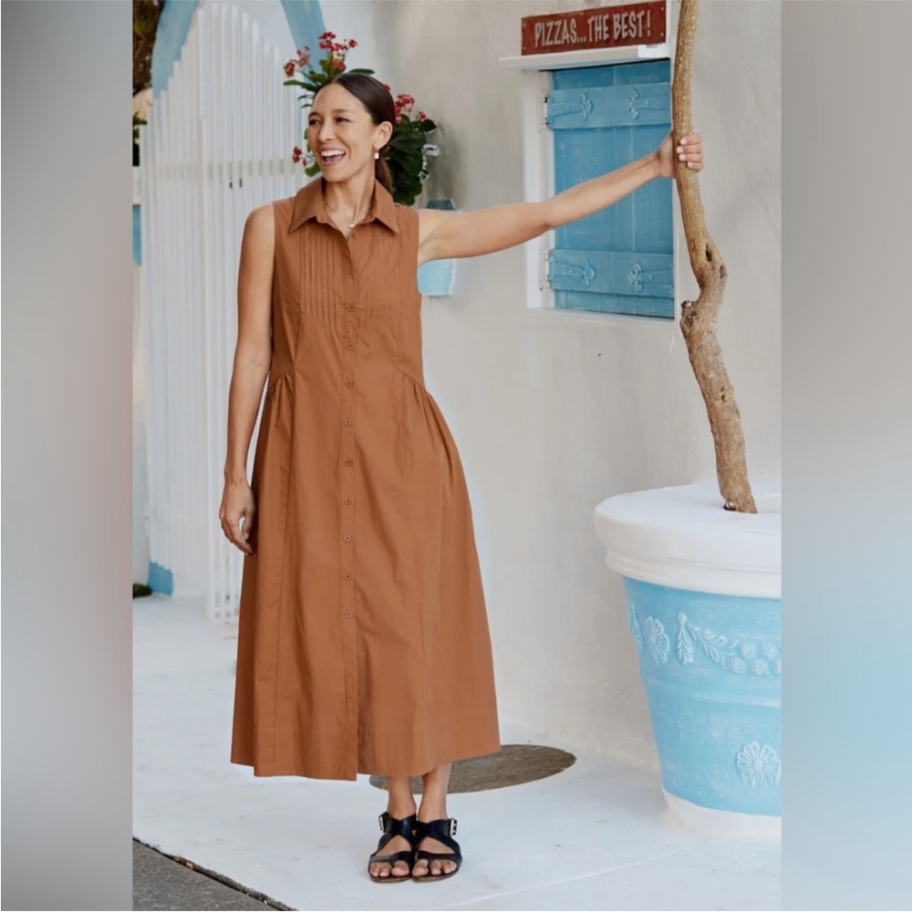 NEW Maye Corinne Cotton Camel Relaxed Midi Drop Waist Shirtdress